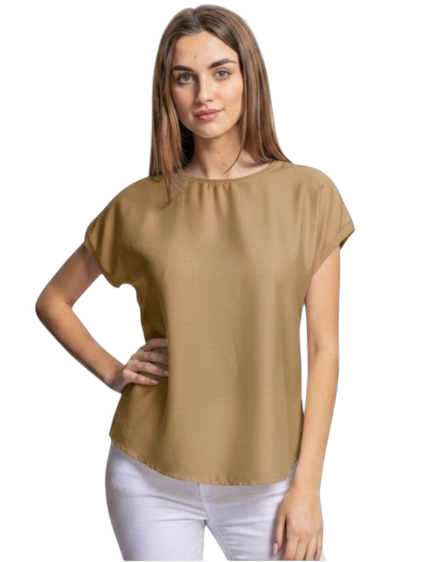 Benny Boutique блуза със сатенен ефект, къси ръкави, с кръгло деколте и свободна кройка.