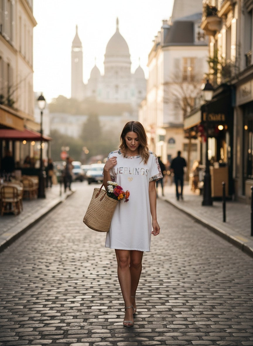 Benny Boutique бяла памучна тениска-рокля с цветни флорални ръкави и надпис "Lieblings".