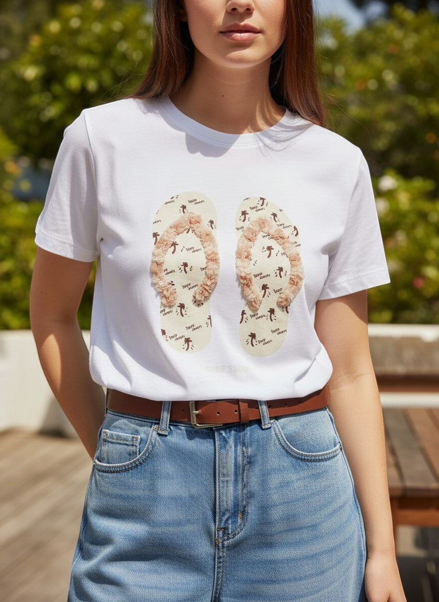 Benny Boutique бяла памучна тениска с графичен принт на джапанки и бежови детайли, къси ръкави, кръгло деколте.