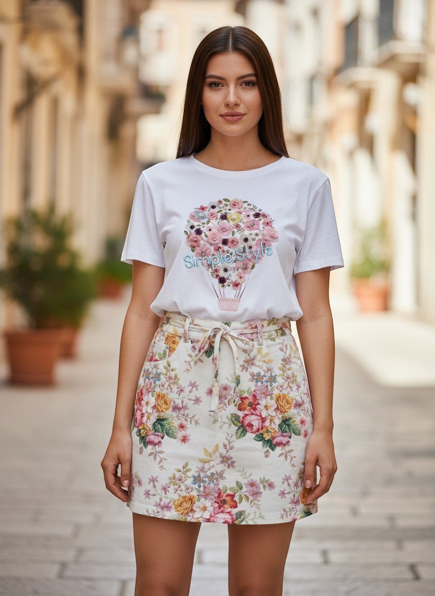 Benny Boutique бяла памучна тениска с графика на горещ въздушен балон с флорални мотиви и надпис „Simple Style“.