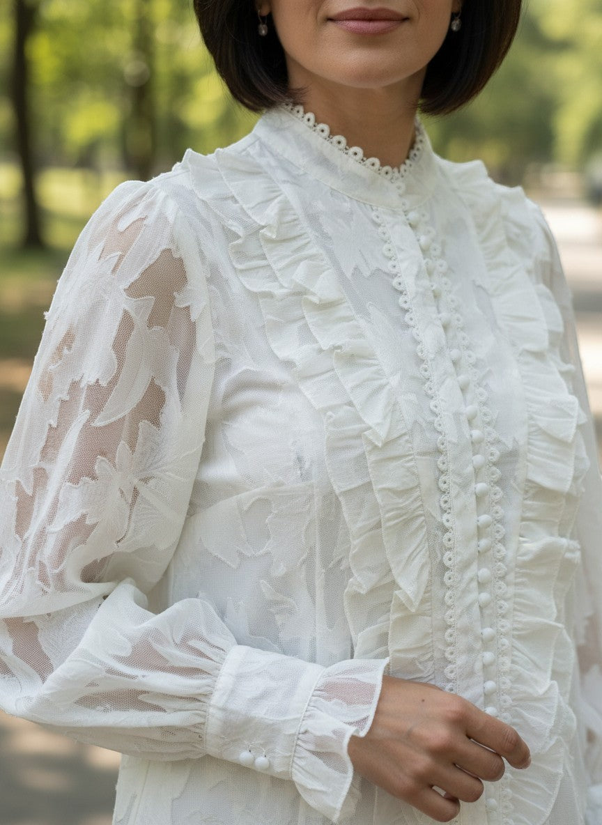 Benny Boutique бяла ефирна блуза с флорален релеф, къдрени детайли отпред и висока яка за романтична визия.