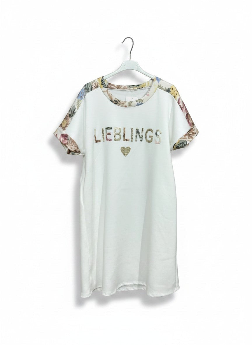 Benny Boutique бяла памучна тениска-рокля с флорални ръкави и детайл с надпис "Lieblings".