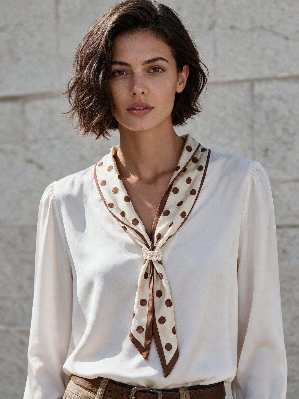 Бяла блуза Benny Boutique с кафяв шал на точки, V-образно деколте и детайл с перлена халка, представена върху модел.