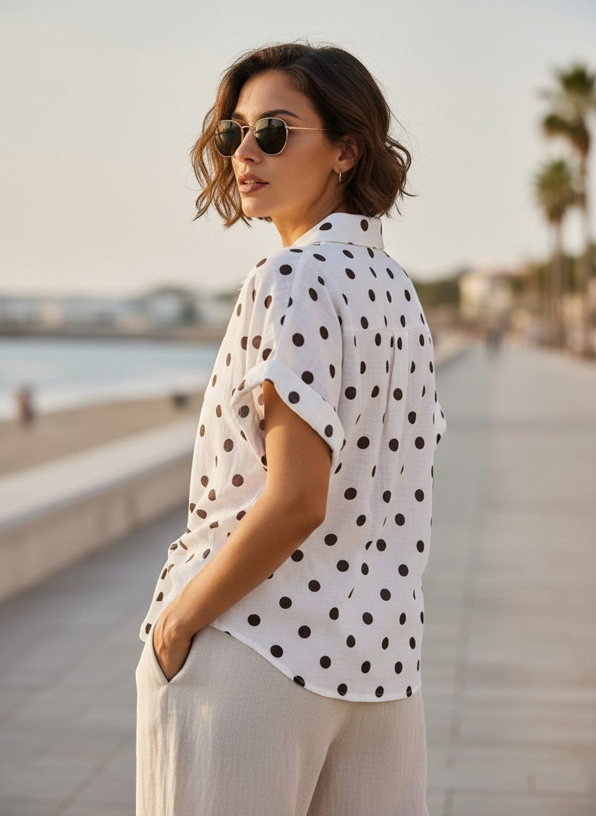 Benny Boutique бяла късръкавна риза с черни точки, носена от жена със слънчеви очила на крайбрежна алея.