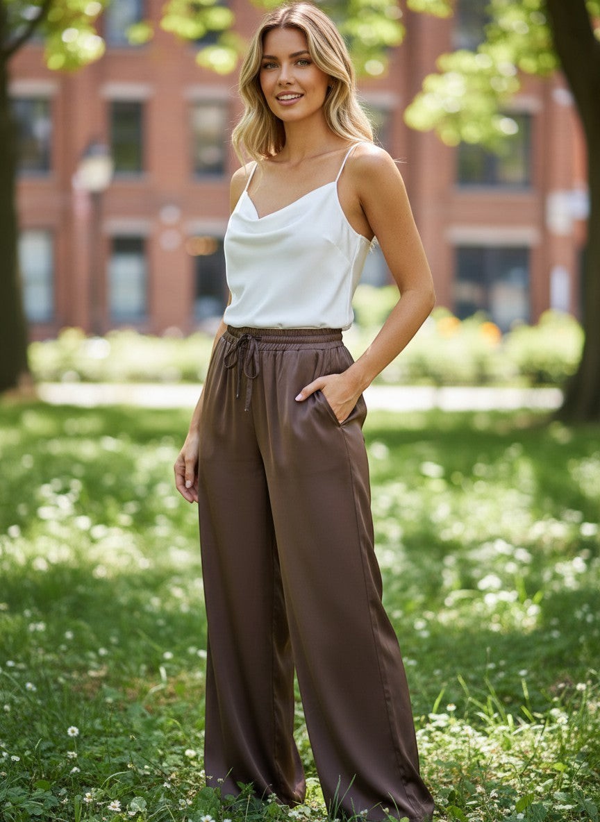 Бял сатенен камизолен топ с драпирано деколте от Benny Boutique, носен от руса моделка в парк.