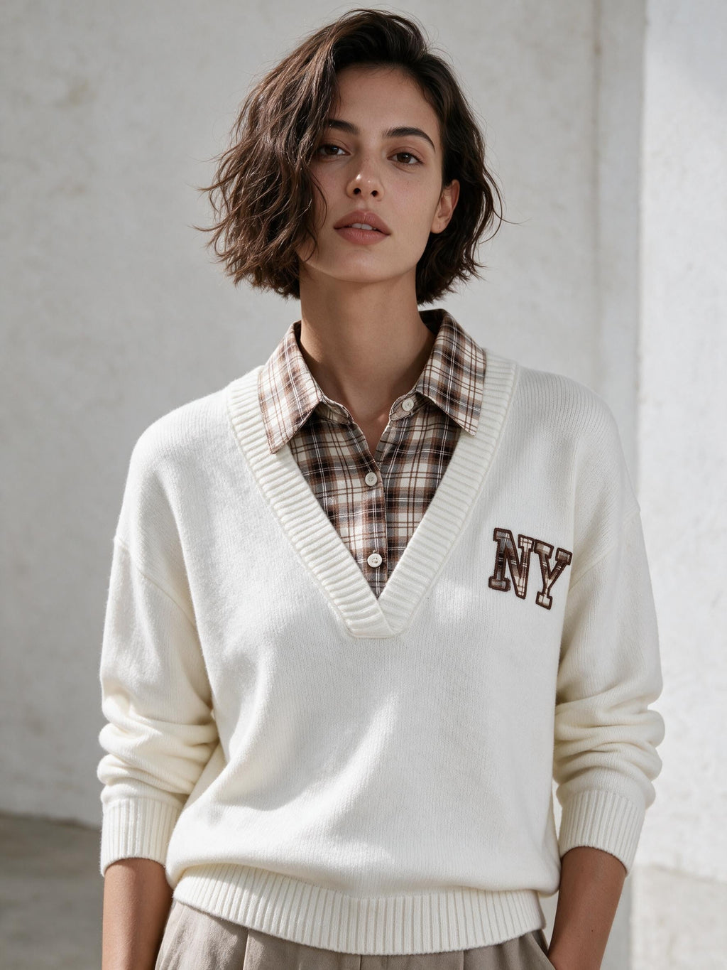 Бял пуловер Benny Boutique с V-образно деколте, вградена карирана риза и емблема „NY“ на гърдите, облечен от жена.