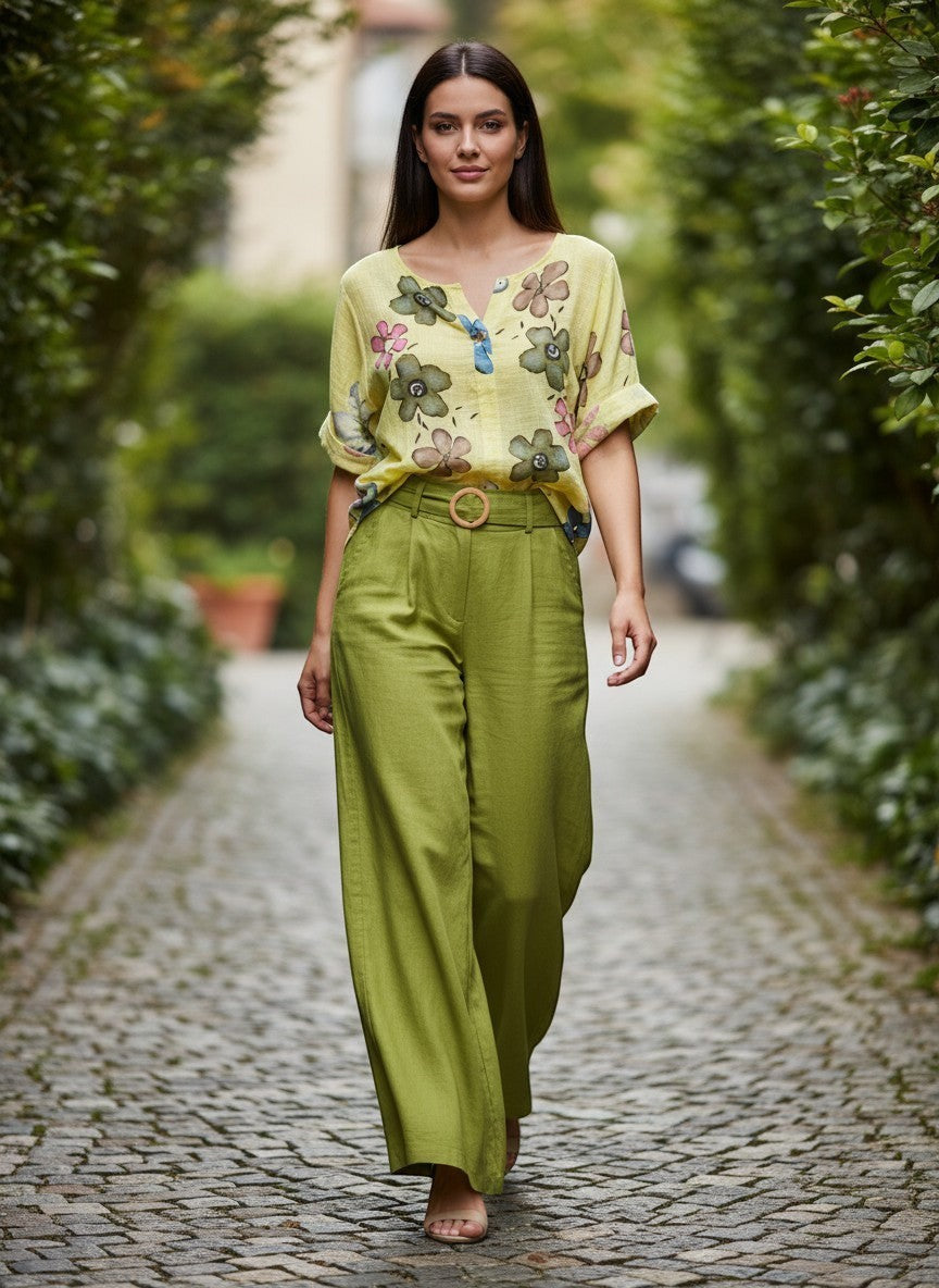 Широки зелени панталони от вискоза на Benny Boutique с оплетен колан, носени от модел на калдъръмена пътека.