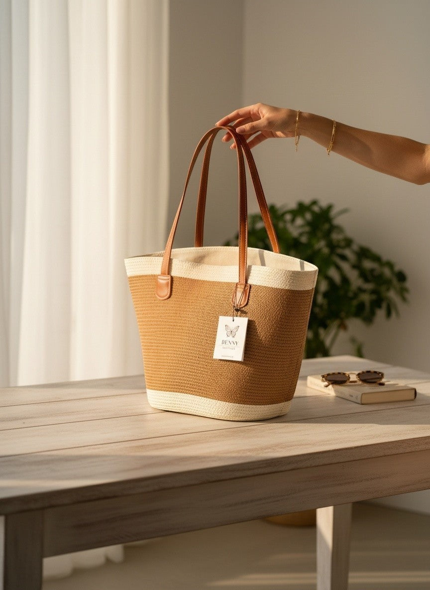 Плетена летна тоут чанта на Benny Boutique с кафяви кожени дръжки и кремава облицовка върху дървена маса.