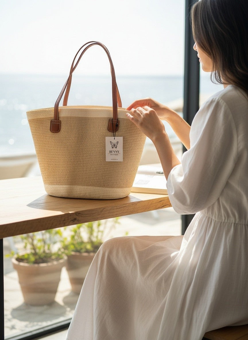 Плетена летна тоут чанта на Benny Boutique с кафяви кожени дръжки върху дървена маса до морето.