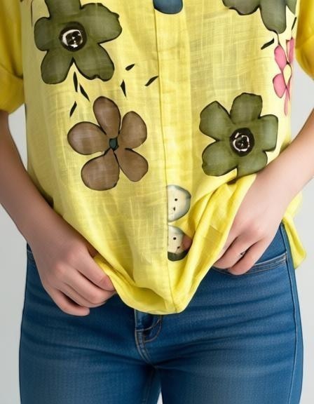 Жълта флорална блуза на Benny Boutique от мека вискоза с ретро принт, съчетана със сини дънки за летна визия.