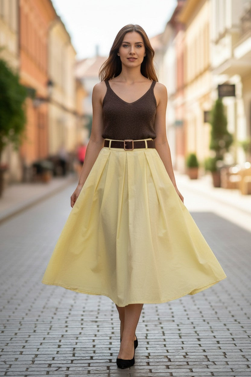 Жълта плисирана миди пола Benny Boutique с кафяв колан, носена от жена на градска улица.